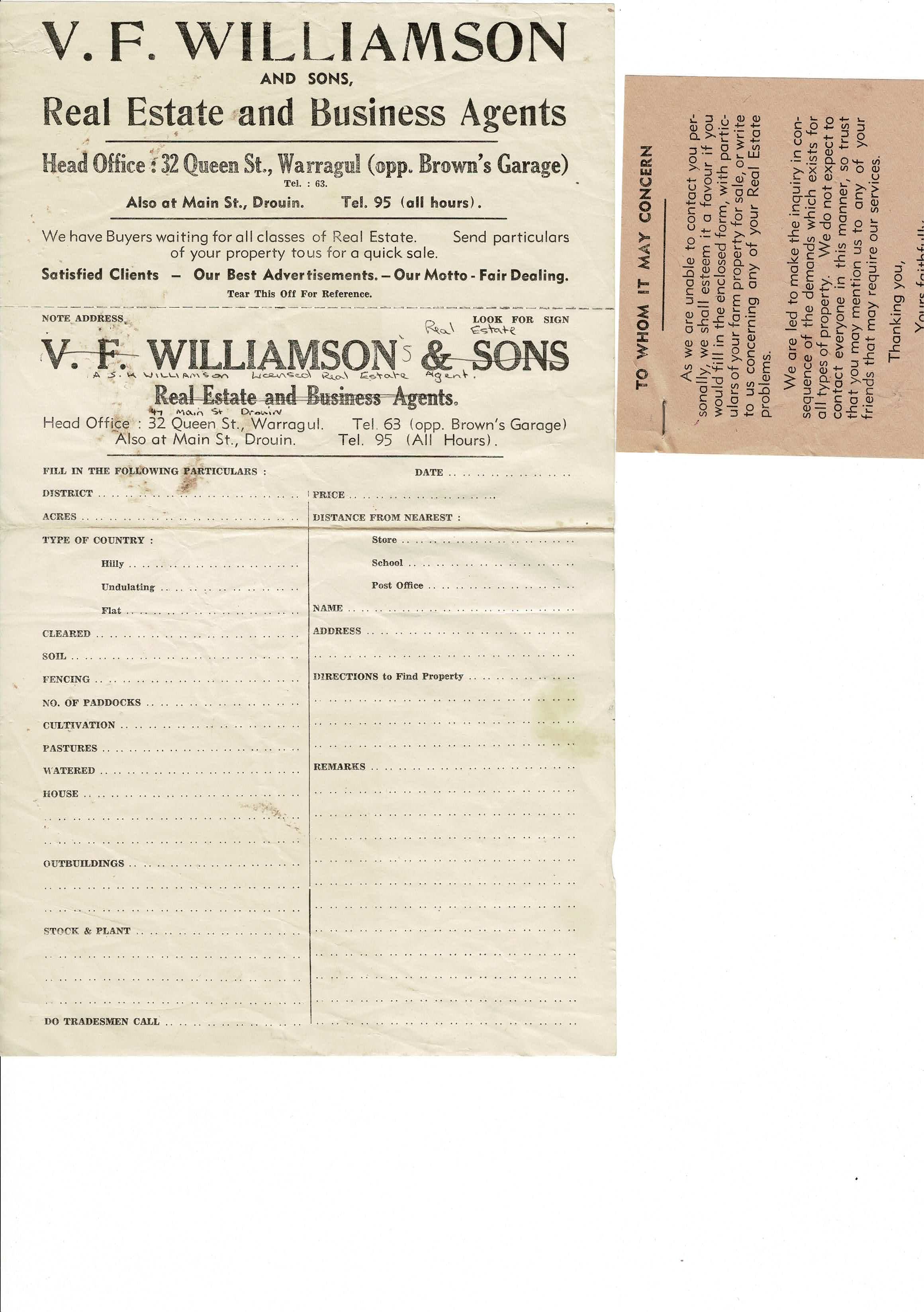 V. F. Williamson & Sons listing form