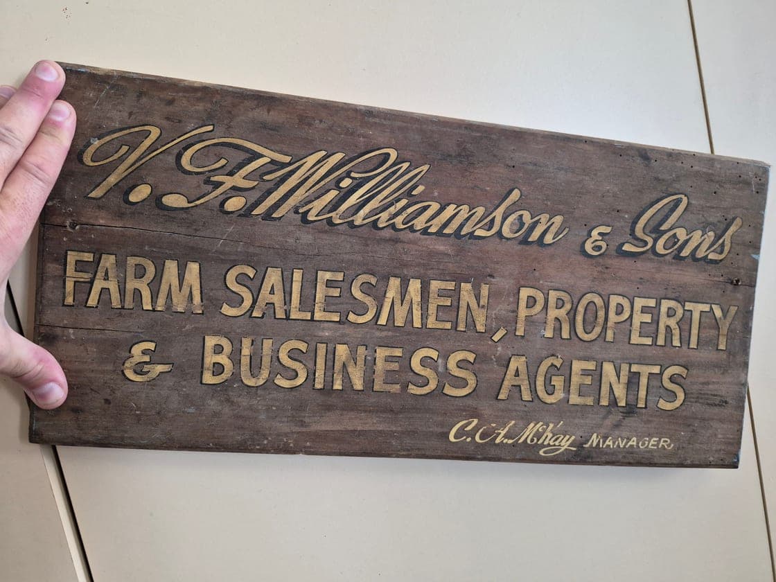 V. F. Williamson & Sons timber sign, gold leaf on kauri