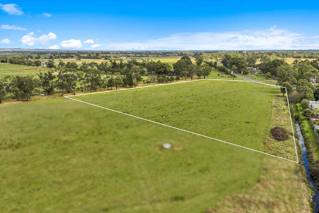 Lot 8, 40 Edgar Road, Longwarry — the block outlined from the air, with a waterway along one boundary